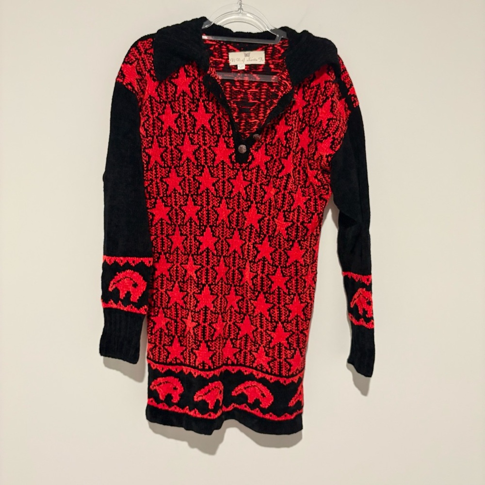 Vivi of Santa Fe Vintage Knit Star print southwestern button sweater black red M